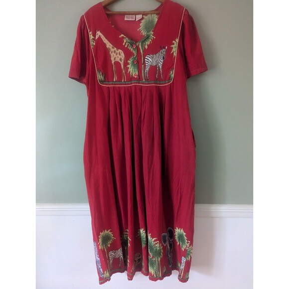 The Vermont Country Store Dress L Red Cotton Embroidered Animal Safari Muu Muu - Picture 1 of 6